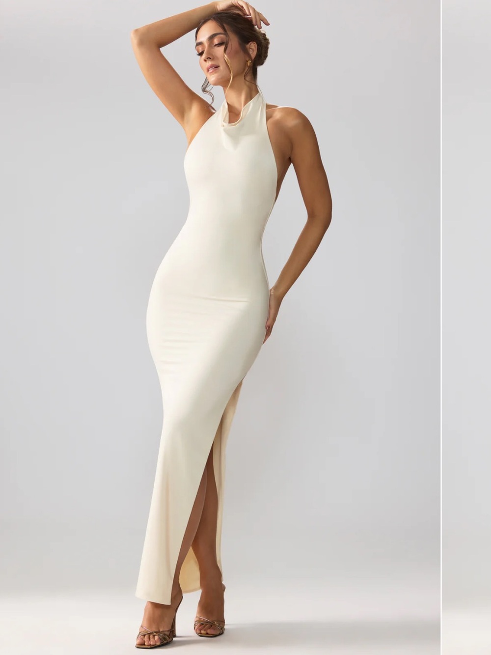 Oh Polly Cream Halter Cowl Maxi Dress